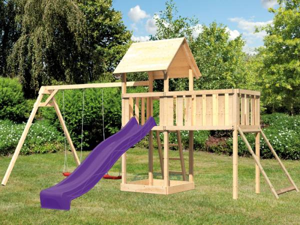 Akubi Spielturm Lotti Satteldach + Rutsche violett + Doppelschaukel + Anbauplattform XL + Netzrampe