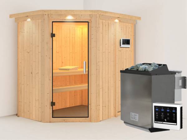 Karibu Sauna Carin inkl. 9 kW Bioofen ext. Steuerung mit Klarglas Ganzglastür - mit Dachkranz -