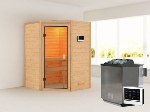 Karibu Sauna Antonia inkl. 9 kW Bioofen ext. Steuerung mit klassischer Saunatür -ohne Dachkranz-