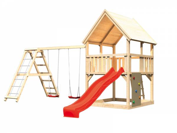 Akubi Spielturm Luis Satteldach + Rutsche rot + Doppelschaukelanbau Klettergerüst + Kletterwand