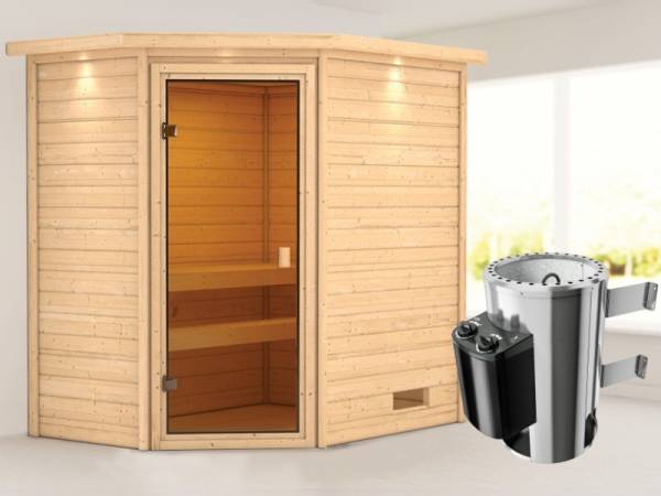 Karibu Sauna Jella mit 3,6 kW Ofen integr. Strg und Dachkranz 38 mm Karibu Sauna Jella mit 3,6 kW Ofen integr. Strg und Dachkranz 38 mm