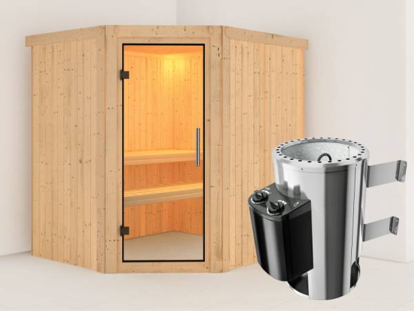 Lilja - Karibu Sauna Plug & Play 3,6 kW Ofen, int. Steuerung - ohne Dachkranz - Klarglas Ganzglastür