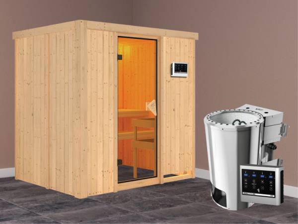 Fanja - Karibu Sauna Plug &amp; Play inkl. 3,6 kW-Bioofen - ohne Dachkranz -