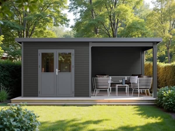 WPC Gartenhaus Linia 5628 mit Anbaudach und Rückwand, inkl. Dachrinnen-Set, Anthrazit