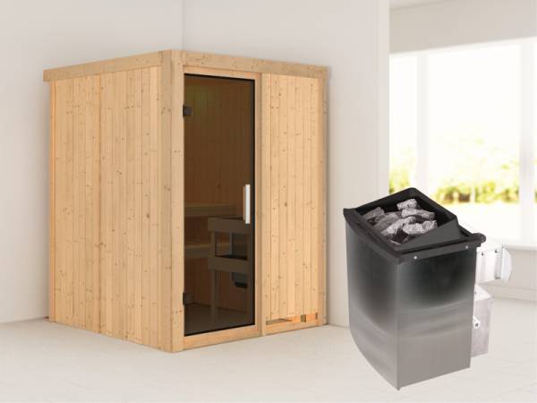 Karibu Sauna Norin- moderne Saunatür- 4,5 kW Ofen integr. Strg- ohne Dachkranz