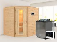 Karibu Sauna Mia- energiesparende Saunatür- 4,5 kW Bioofen ext. Strg- ohne Dachkranz