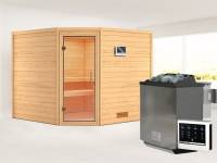 Karibu Sauna Leona 38 mm ohne Dachkranz- 9 kW Bioofen ext. Strg- klarglas Tür