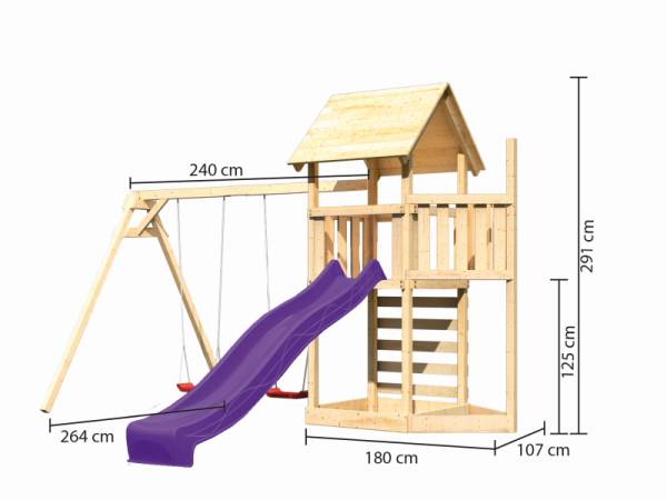 Akubi Spielturm Lotti Satteldach + Schiffsanbau oben + Doppelschaukel + Kletterwand + Rutsche in violett