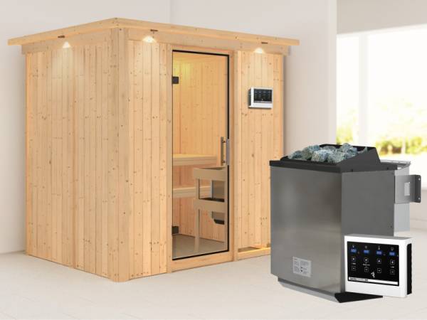 Karibu Sauna Bodin inkl. 9 kW Bioofen ext. Steuerung mit Klarglas Ganzglastür -mit Dachkranz-