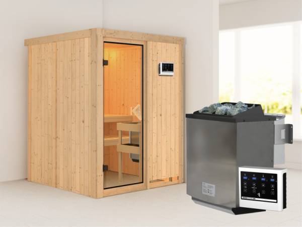 Karibu Sauna Norin- klassische Saunatür- 4,5 kW Bioofen ext. Strg- ohne Dachkranz