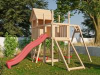 Akubi Stelzenhaus Frieda + Rutsche rot + Einzelschaukel + Anbauplattform + Netzrampe