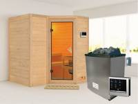 Karibu Sauna Sahib 1 inkl. 9 kW Ofen ext. Steuerung, mit klassischer Saunatür -ohne Dachkranz-