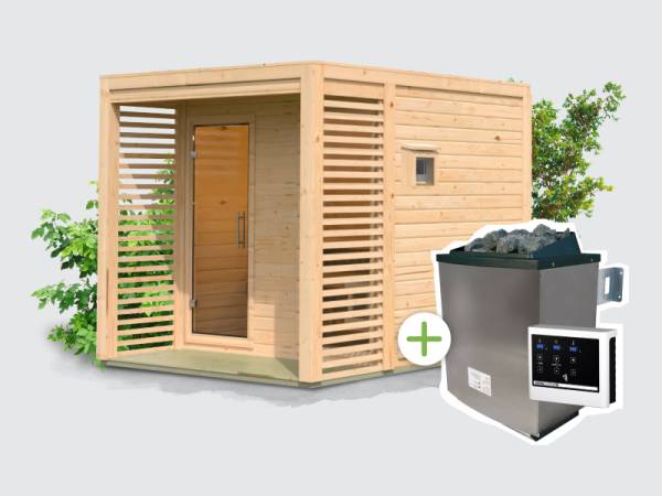 Osb smart choice Saunahaus Patio 2, 38 mm naturbelassen -inkl. 9 kW Ofen ext. Steuerung-, inkl. Dacheindeckung und Fußboden