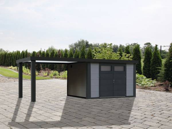 Wolff Finnhaus Metallhaus Eleganto 2724 mit 280 cm Seitendach links, lichtgrau inkl. Dachrinne, Fallrohr