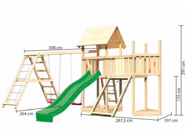 Akubi Spielturm Lotti Satteldach + Schiffsanbau oben + Anbauplattform + Doppelschaukel mit Klettergerüst + Netzrampe + Rutsche in grün