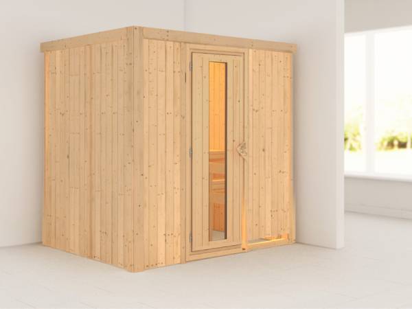 Karibu Sauna Bodin ohne Ofen, ohne Dachkranz, mit energiesparender Saunatür Karibu Sauna Bodin ohne Ofen, ohne Dachkranz, mit energiesparender Saunatür