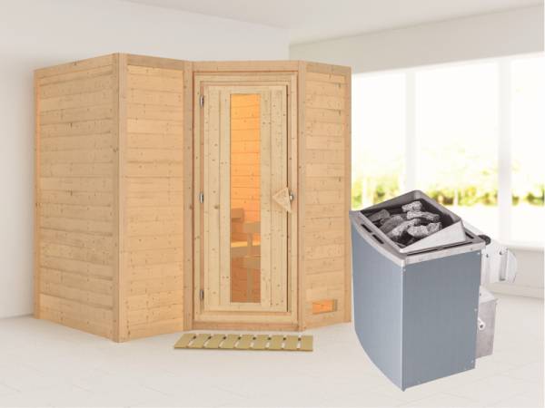 Karibu Sauna Sahib 1 inkl. 9-kW-Ofen mit interner Steuerung, ohne Dachkranz, mit energiesparender Saunatür