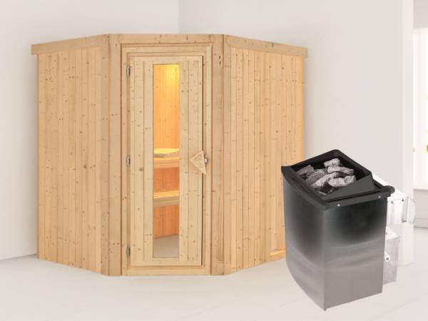 Karibu Sauna Siirin inkl. 9 kW Ofen integ. Steuerung, mit energiesparender Saunatür -ohne Dachkranz-