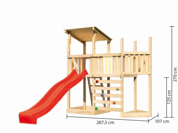 Akubi Spielturm Anna + Rutsche rot + Anbauplattform + Kletterwand + Schiffsanbau oben