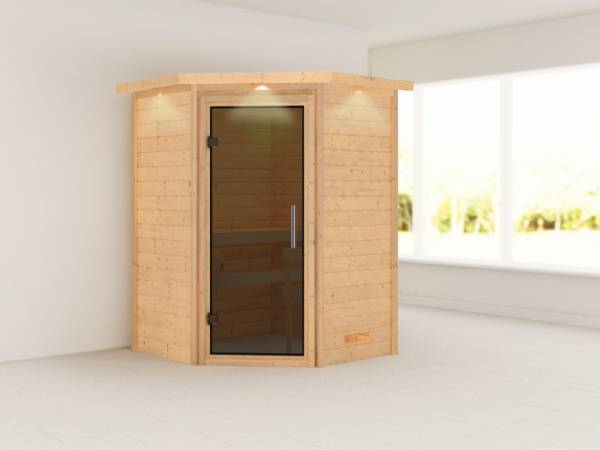Alicja - Karibu Sauna Plug & Play ohne Ofen - mit Dachkranz - Moderne Saunatür Alicja - Karibu Sauna Plug & Play ohne Ofen - mit Dachkranz - Moderne Saunatür