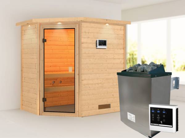 Karibu Sauna Svea inkl. 9 kW Ofen ext. Steuerung mit klassischer Tür -mit Dachkranz-