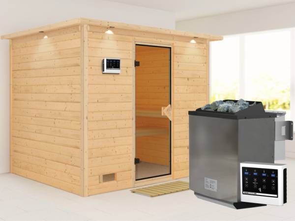 Sonara - Karibu Sauna inkl. 9-kW-Bioofen - mit Dachkranz -