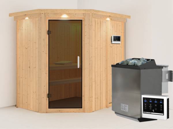 Karibu Sauna Carin- moderne Saunatür- 4,5 kW Bioofen ext. Strg- mit Dachkranz