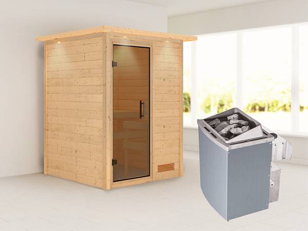 Karibu Woodfeeling Sauna Svenja- moderne Saunatür- 4,5 kW Ofen integr. Strg- mit Dachkranz