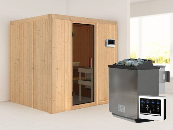 Karibu Sauna Sodin 68 mm- moderne Saunatür- 4,5 kW Bioofen ext. Strg- ohne Dachkranz