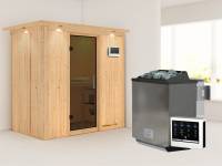 Karibu Sauna Variado- moderne Saunatür- 4,5 kW Bioofen ext. Strg- mit Dachkranz