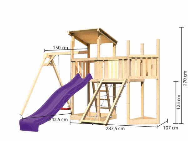 Akubi Spielturm Anna + Rutsche violett + Einzelschaukel + Anbauplattform + Netzrampe + Schiffsanbau oben