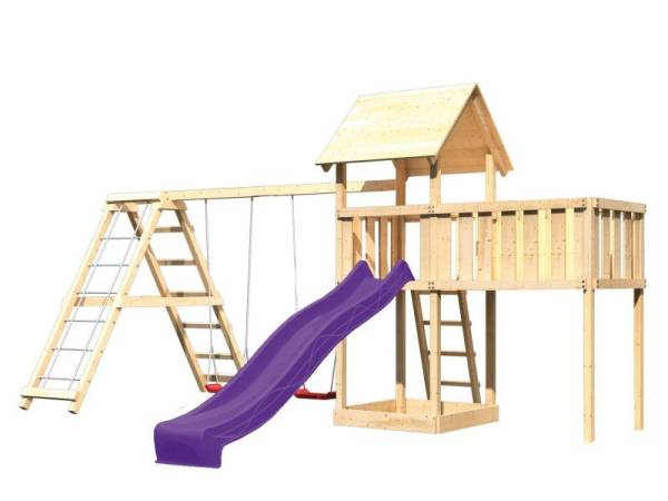 Akubi Spielturm Lotti natur mit Anbauplattform XL, Doppelschaukel inkl. Klettergerüst und Rutsche violett