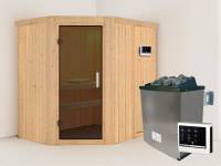 Karibu Sauna Carin- moderne Saunatür- 4,5 kW Ofen ext. Strg- ohne Dachkranz