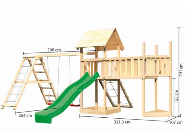 Akubi Spielturm Lotti Satteldach + Schiffsanbau oben + Doppelschaukel mit Klettergerüst + Anbauplattform XL + Netzrampe + Rutsche in grün