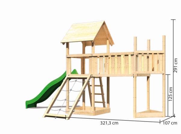Akubi Spielturm Lotti Satteldach + Schiffsanbau oben + Anbauplattform XL + Netzrampe + Rutsche in grün