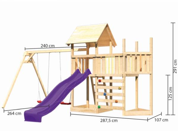 Akubi Spielturm Lotti Satteldach + Schiffsanbau oben + Anbauplattform + Doppelschaukel + Kletterwand + Rutsche in violett