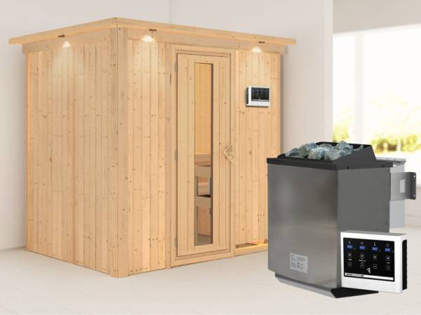 Karibu Sauna Bodin- energiesparende Saunatür- 4,5 kW Bioofen ext. Strg- mit Dachkranz