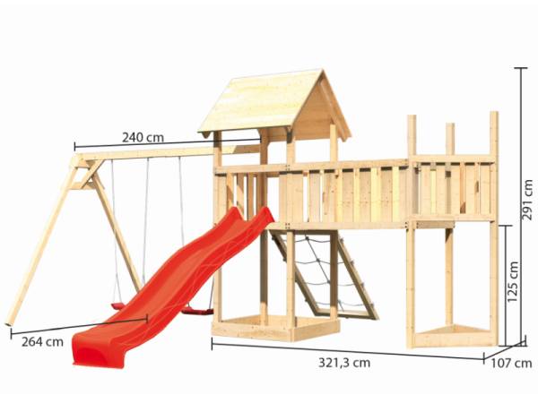 Akubi Spielturm Lotti Satteldach + Schiffsanbau oben + Doppelschaukel + Anbauplattform XL + Netzrampe + Rutsche in rot