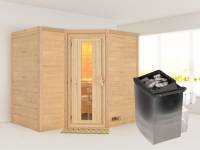 Karibu Sauna Sahib 2 inkl. 9-kW-Ofen mit interner Steuerung, ohne Dachkranz, mit energiesparender Saunatür