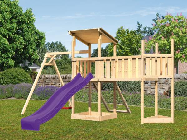 Akubi Spielturm Anna + Rutsche violett + Einzelschaukel + Anbauplattform XL + Netzrampe + Schiffsanbau oben