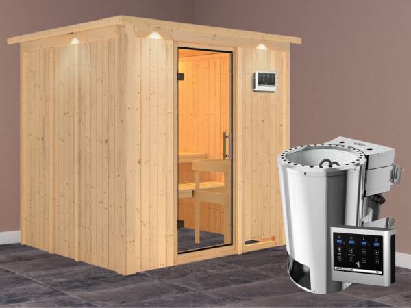 Daria - Karibu Sauna Plug &amp; Play 3,6 kW Bio Ofen, ext. Steuerung - ohne Dachkranz - Klarglas Ganzglastür