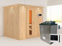 Karibu Sauna Sodin 68 mm- energiesparende Saunatür- 4,5 kW Ofen ext. Strg- mit Dachkranz