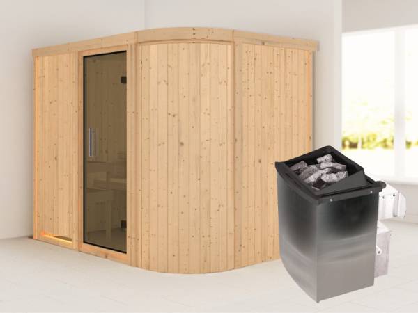 Karibu Sauna Titania 4 inkl. 9 kW Ofen mit int. Steuerung, ohne Dachkranz, mit moderner Saunatür