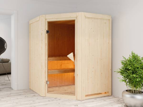 Karibu Sauna Larin inkl. 9 kW Ofen externe Steuerung, mit bronzierter Ganzglastür - ohne Dachkranz -
