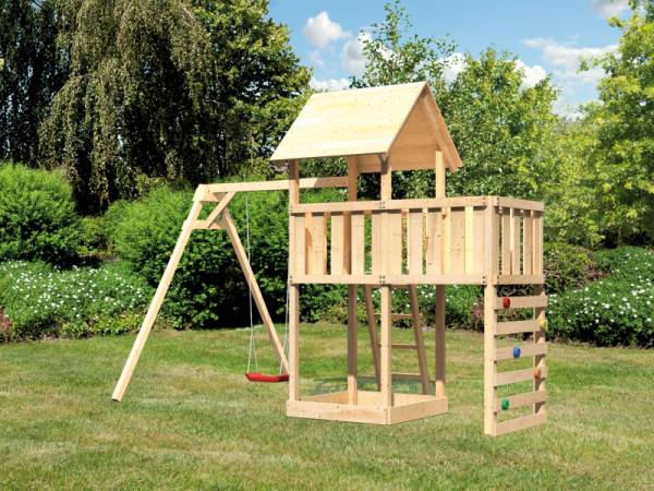 Akubi Spielturm Lotti Satteldach + Einzelschaukel + Anbauplattform + Kletterwand