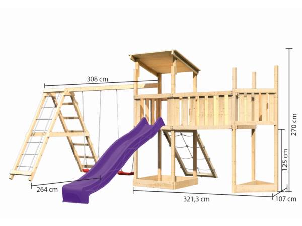 Akubi Spielturm Anna + Rutsche violett + Doppelschaukelanbau Klettergerüst + Anbauplattform XL + Netzrampe + Schiffsanbau oben