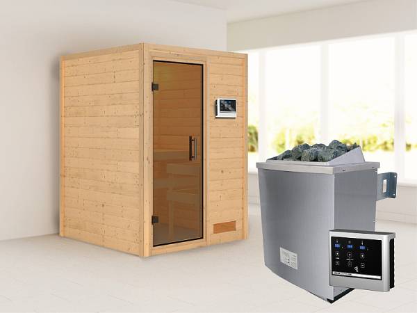Karibu Woodfeeling Sauna Svenja- moderne Saunatür- 4,5 kW Ofen ext. Strg- ohne Dachkranz
