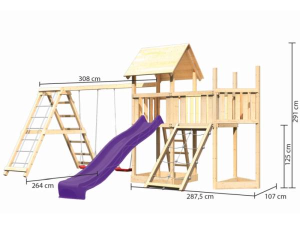 Akubi Spielturm Lotti Satteldach + Schiffsanbau oben + Anbauplattform + Doppelschaukel mit Klettergerüst + Netzrampe + Rutsche in violett