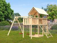 Akubi Spielturm Danny Satteldach + Doppelschaukel + Anbauplattform + Netzrampe