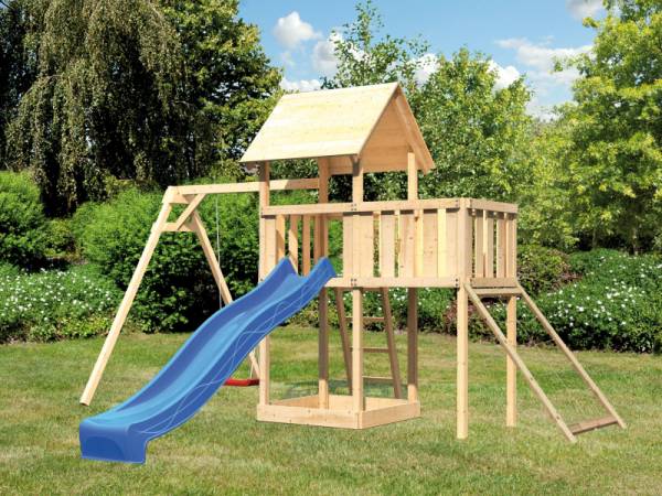 Akubi Spielturm Lotti Satteldach + Rutsche blau + Einzelschaukel + Anbauplattform + Netzrampe Akubi Spielturm Lotti Satteldach + Rutsche blau + Einzelschaukel + Anbauplattform + Netzrampe